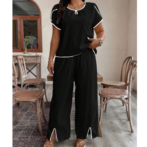 Plus Short Sleeve top Colorblock Wide Leg Lounge Pants Set - Picture 3 of 5